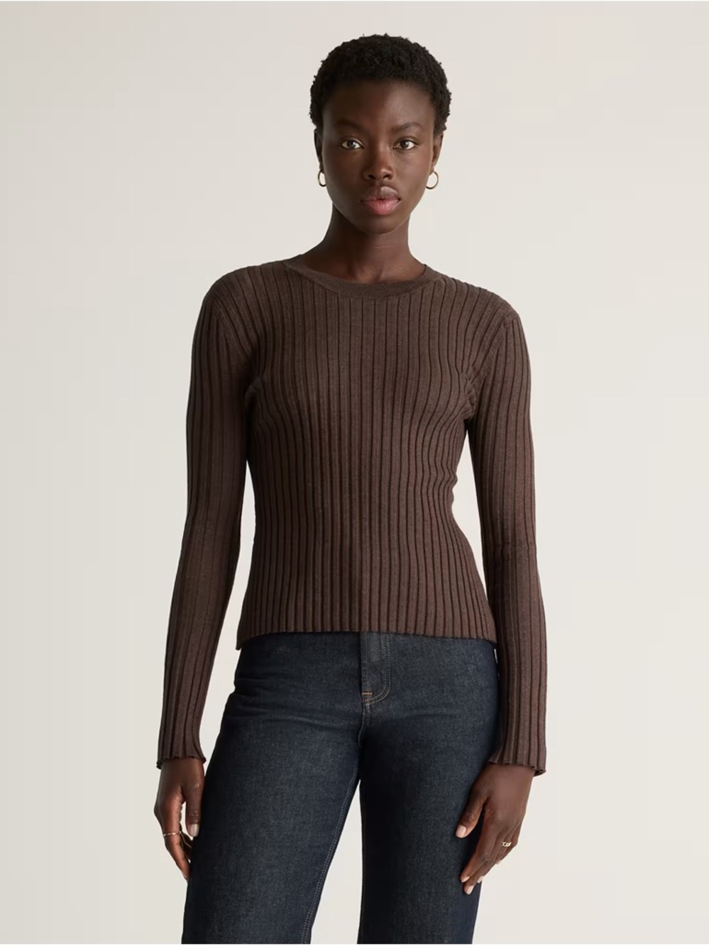 Quince Cotton Cashmere Ribbed Long Sleeve Sweater in Mocha Heather